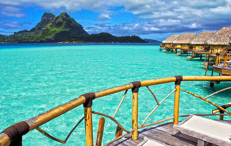 Bora Bora - Step into Paradise, sea, beach, lagoon, bora bora, sand, bungalows, blue, exotic, islands, view, ocean, vista, water, paradise, island, tahiti, tropical, villas, HD wallpaper