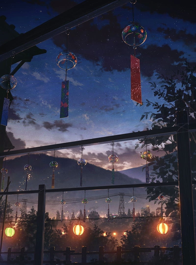 Anime, nature, lantern, dark, sky, stars, HD phone wallpaper | Peakpx