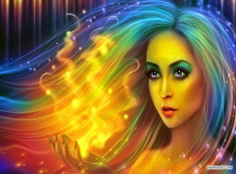 Rainbow Magic, fire, fantasy, magic, rainbow hair, HD wallpaper