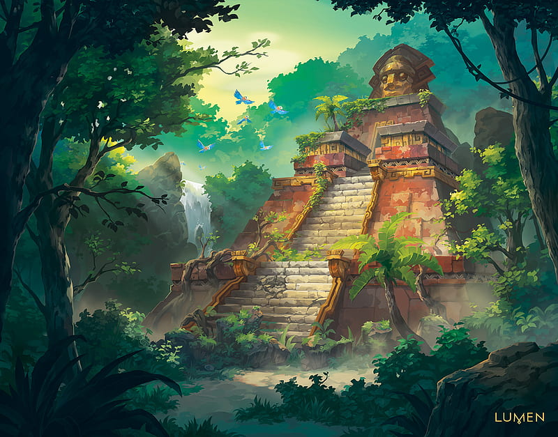 Temple, maia, build, forest, jungle, plants, rock, tower, birds, trees, HD wallpaper
