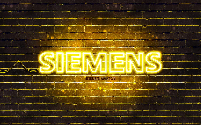 Siemens yellow logo, , yellow brickwall, Siemens logo, brands, Siemens neon logo, Siemens, HD wallpaper