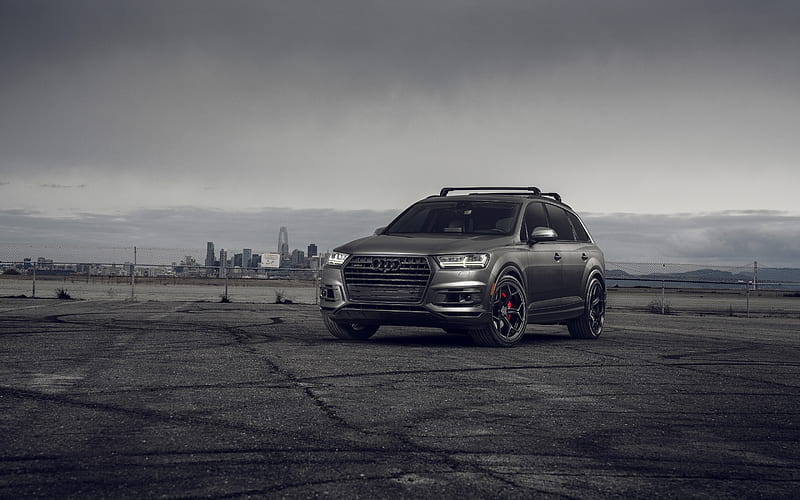 Audi Q7, 2021, front view, luxury gray SUV, tuning Q7, new gray Q7, black wheels, german cars, Audi, HD wallpaper