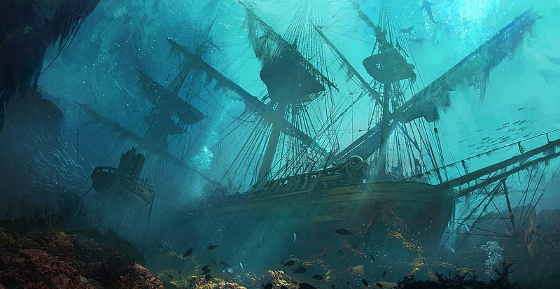 Underwater Wreck, wreck, underwater, fantasy, water, boat, ship, ocean, HD wallpaper