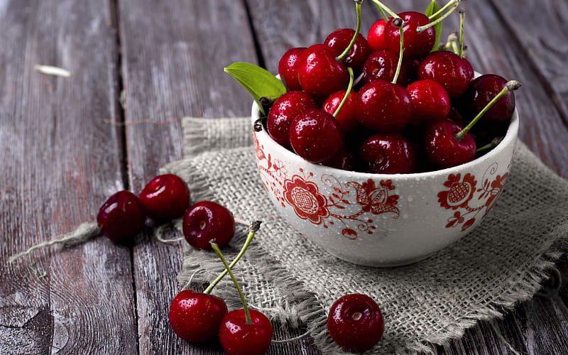 cherries, plate with cherries, red berries, fruit, plate with berries, HD wallpaper