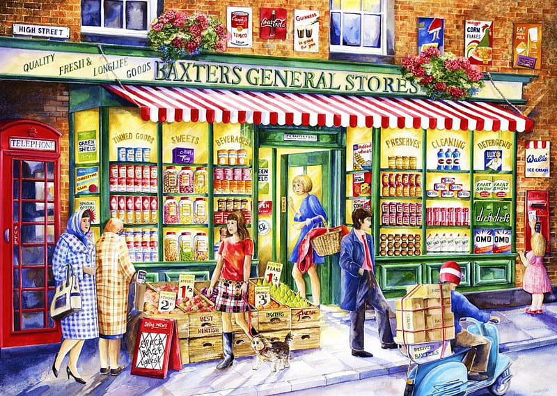 Baxter's General Stores, house, goods, people, town, street, artwork, HD wallpaper
