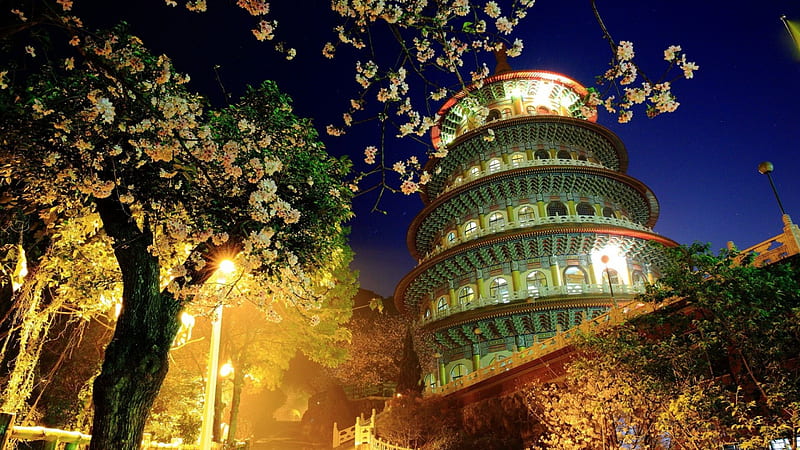 magnificent chinese pagoda, building, tree, haze, orientak, lights, night, HD wallpaper