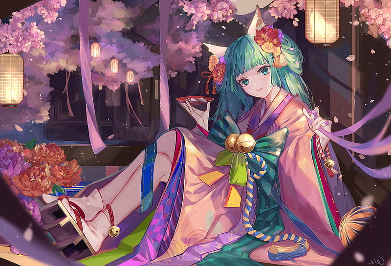 hatsune miku, green hair, animal ears, cherry blossom, kimono, vocaloid, Anime, HD wallpaper