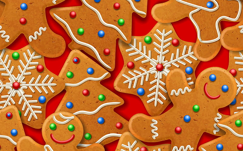 Christmas cookies texture, New Year background, Christmas background, Christmas cookies, red background with Christmas cookies, Christmas texture, HD wallpaper