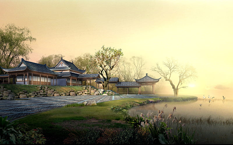 houses, china, nature, hop, trees, lake, HD wallpaper