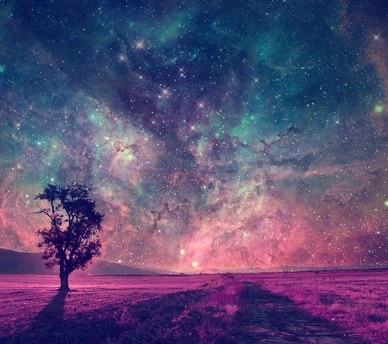Galaxy Tree, blue, highway, night, pink, sky, space, HD wallpaper