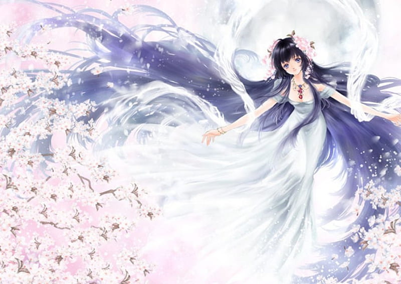~❀ADORE❀~, pretty, breeze, adorable, magic, women, sweet, floral, cherry blossom, fantasy, love, anime, royalty, heaven, flowers, beauty, anime girl, gems, jewel, purple eyes, long hair, sakura, lovely, ribbon, gown, wind, purple hair, amour, sexy, jewelry, cute, paradise, windy, maiden, dress, divine, sakura blossom, adore, bonito, celestial, sublime, woman, blossom, gemstone, hot, blue eyes, gorgeous, female, exquisite, kawaii, girl, blue hair, flower, precious, magical, petals, lady, angelic, HD wallpaper