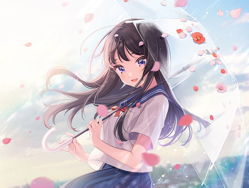 pretty anime girl, smiling, seifuku, umbrella, brown hair, Anime, HD wallpaper