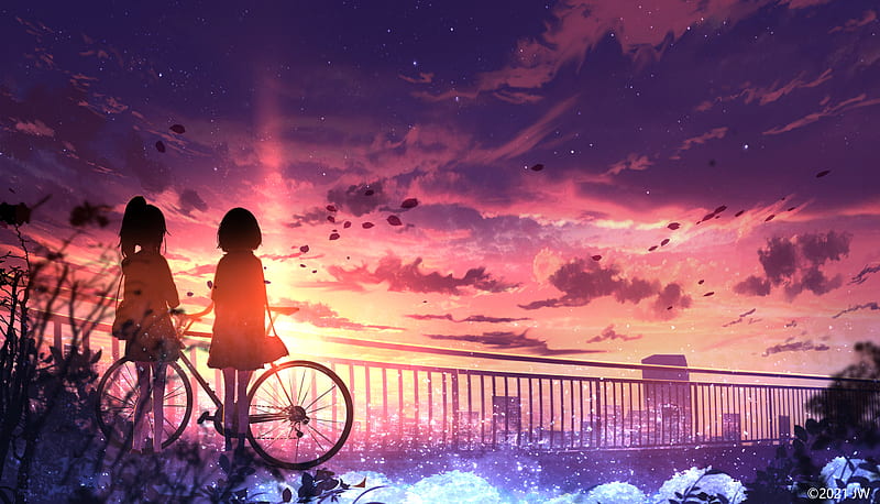 Anime, Girl, Bike, Sky, Sunset, HD wallpaper
