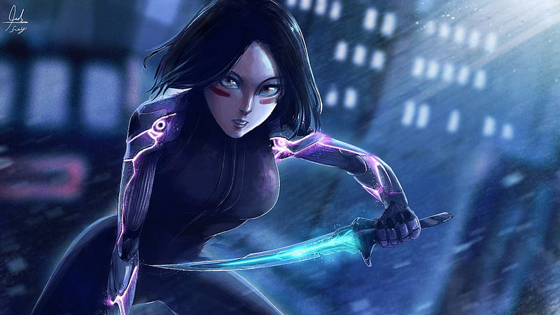 alita battle angel alita with sharp short sword with background of windows of building movies, HD wallpaper