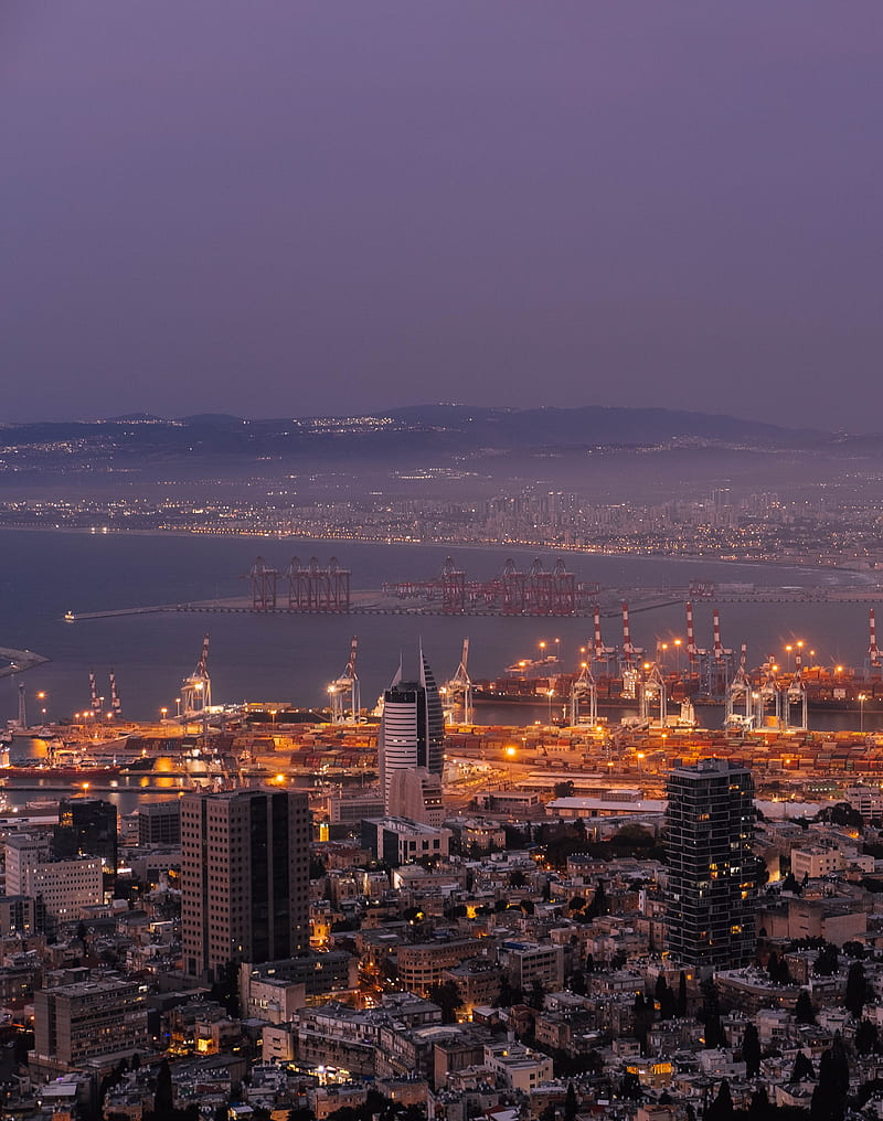 city, aerial view, buildings, lights, dusk, haifa, israel, HD phone wallpaper