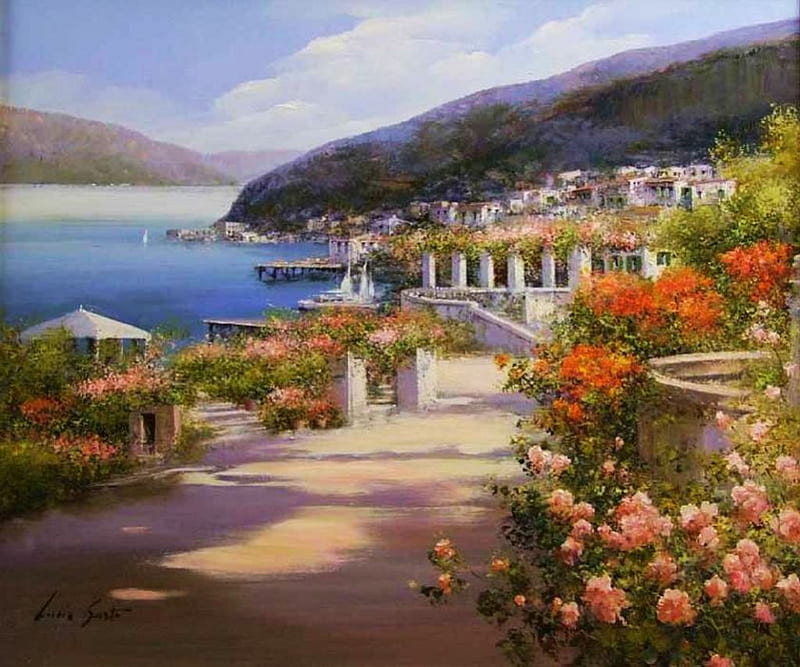 Mediterranean Coast, water, houses, flowers, blossoms, path, roses, artwork, HD wallpaper