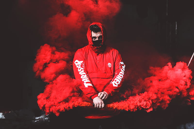 man wearing red and white hoodie and black mask surrounded by red smoke, HD wallpaper