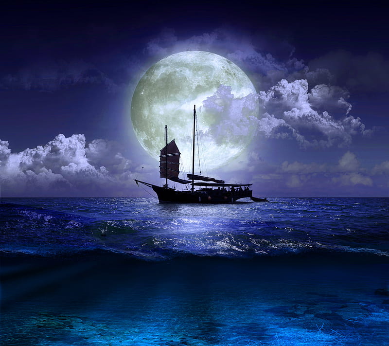 Moonlight, boat, moon, nature, night, sea, water, HD wallpaper