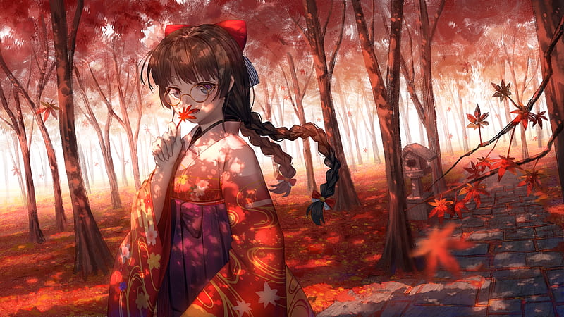 tsukino mito, virtual youtuber, kimono, autumn, braid, forest, glasses, nijisanji, Anime, HD wallpaper