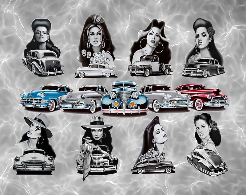 Lowrider Line Up, carros, black and white, collage, girls, oldies, vintage, HD wallpaper