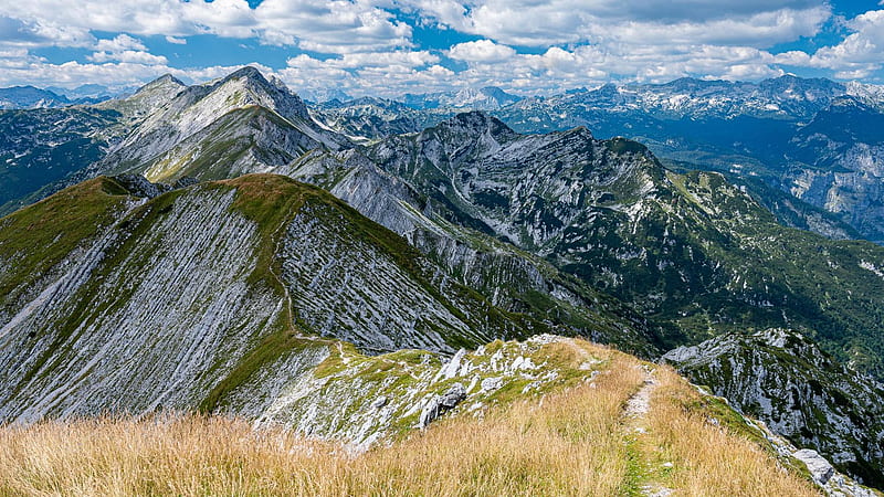 The Julian Alps, Slovenia, peaks, path, clouds, grass, sky, rocks, HD wallpaper