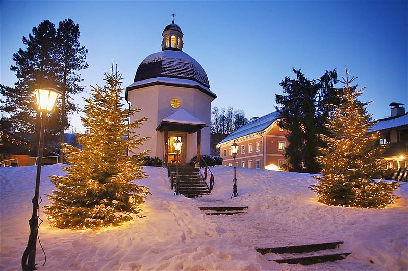 The Silent Night Chapel near Salzburg, Austria, trees, snow, light, winter, HD wallpaper