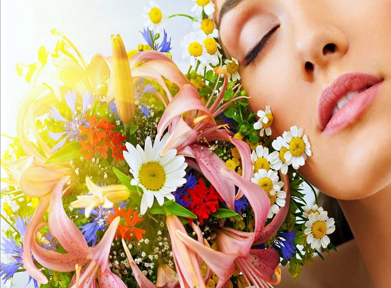 Beauties for Exotica, beauty, flowers, bouquet, woman, HD wallpaper