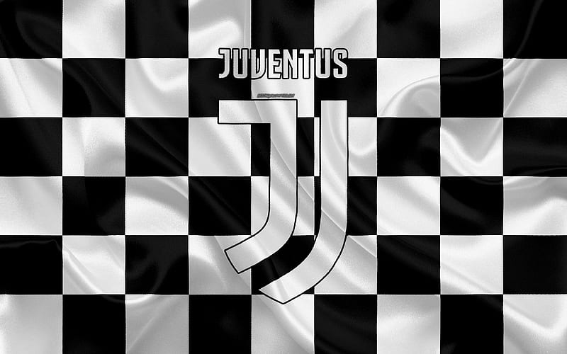 Juventus FC logo, creative art, black and white checkered flag, Italian football club, emblem, silk texture, Serie A, Turin, Italy, HD wallpaper