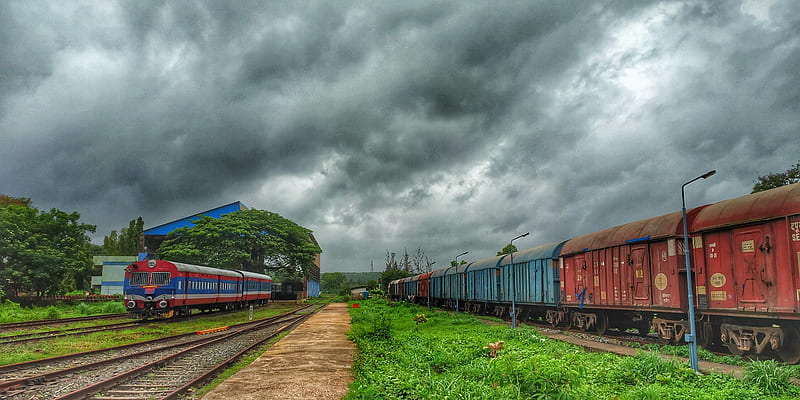 Monsoon, locomotive, track, train, trains, HD wallpaper
