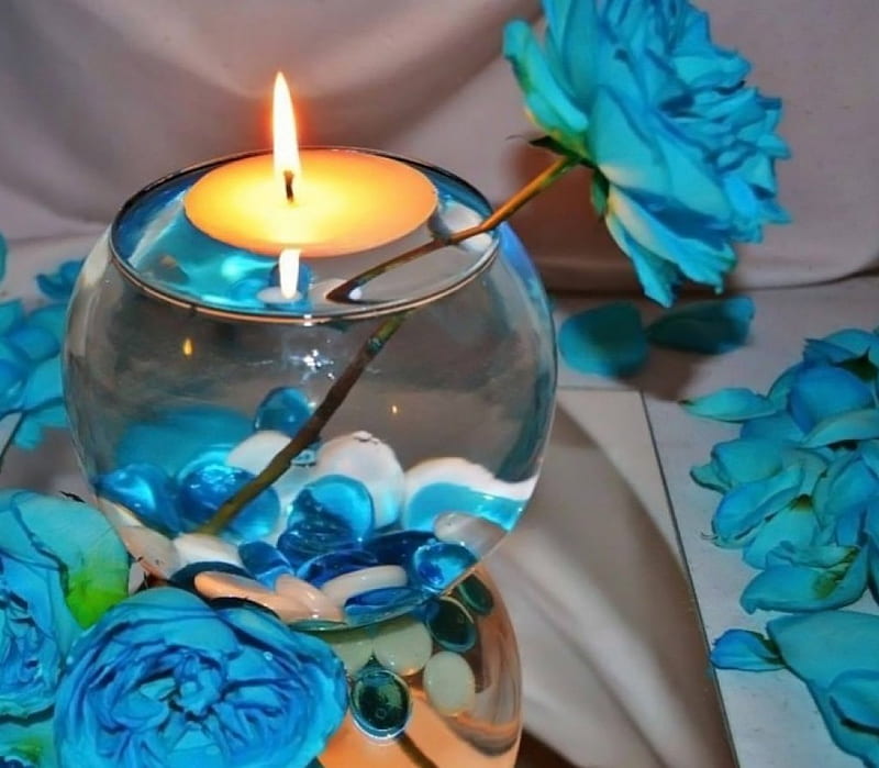 A beautiful combination, candle, glass, still life, ball, flowers, roses, blue, HD wallpaper