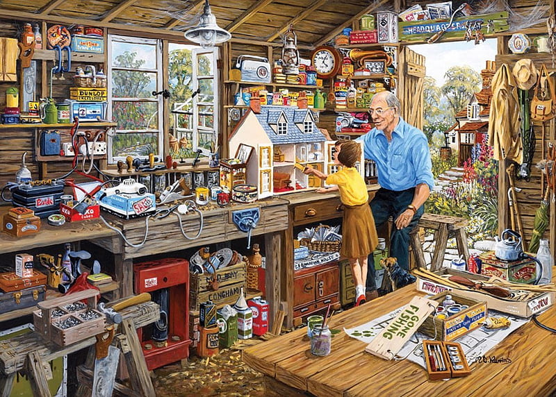 Grandpa's Workshop, utensils, bench, child, shed, tools, artwork, HD wallpaper