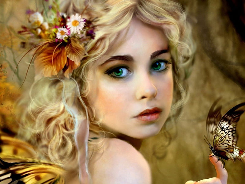 Green eyed, young, butterfly, green, girl, eyes, HD wallpaper