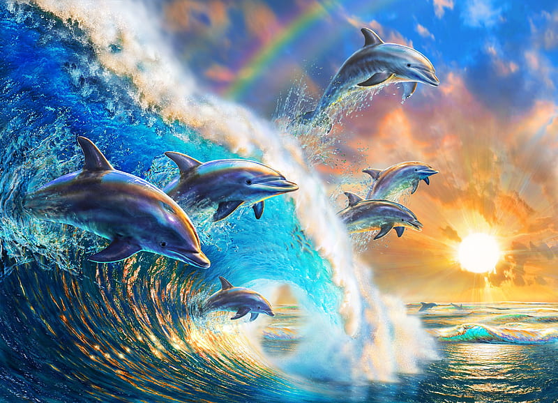 Dolphins, art, luminos, sunset, sea, wave, dolphin, fantasy, adrian chesterman, summer, blue, HD wallpaper