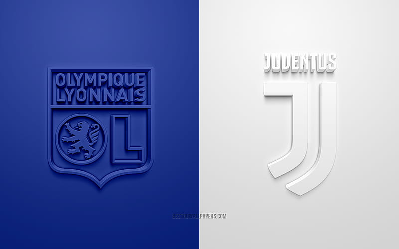 Olympique Lyonnais vs Juventus FC, UEFA Champions League, 3D logos, promotional materials, blue white background, Champions League, football match, Juventus FC, Olympique Lyonnais, HD wallpaper