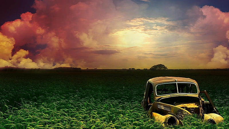 Abandoned Car on Wheat Field, wheat, car, nature, sunset, clouds, sky, field, wreak, HD wallpaper