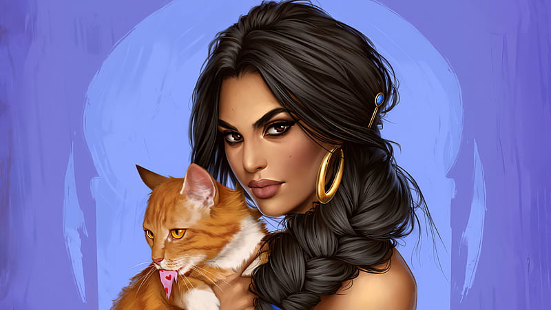 Jasmine With Cat , jasmine, aladdin, artist, artwork, digital-art, artstation, HD wallpaper