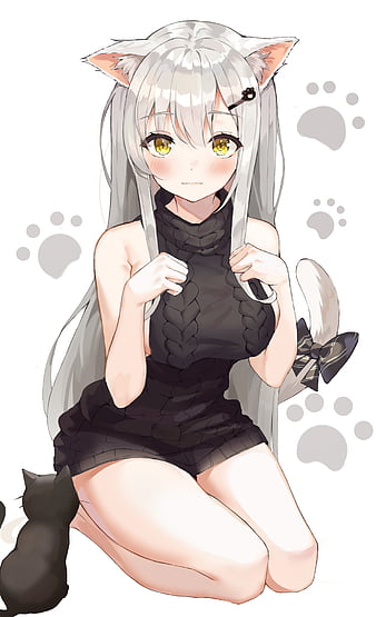 cat girl, Amashiro Natsuki, blue eyes, squatting, anime, anime girls, nacho  neko, animal ears, tail, gray hair, blushing, food