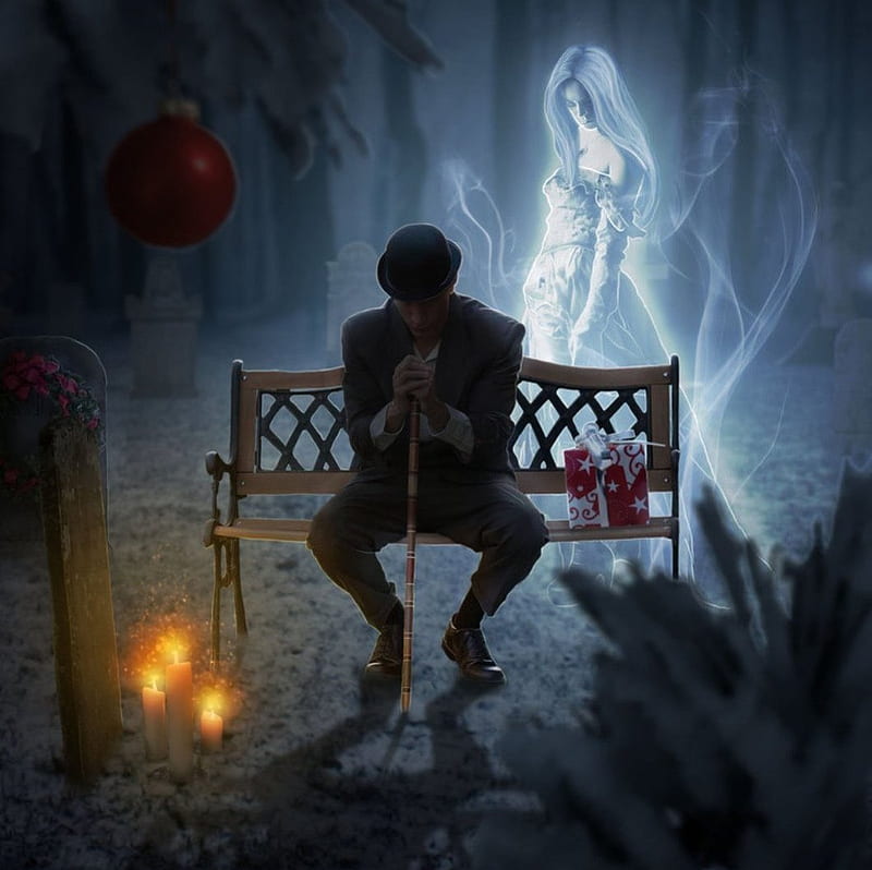 A Lonely Day, candle, fantasy, ghost, bench, shadow, man, lady, HD wallpaper