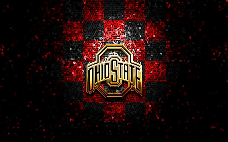 Ohio State Buckeyes, glitter logo, NCAA, red black checkered background, USA, american football team, Ohio State Buckeyes logo, mosaic art, american football, America, HD wallpaper