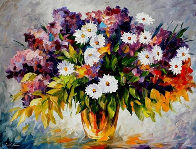 Daisies and Lilacs, lilac, warm, Leonid Afremov, daisies, cool, purple, flowers, Painting, white, HD wallpaper