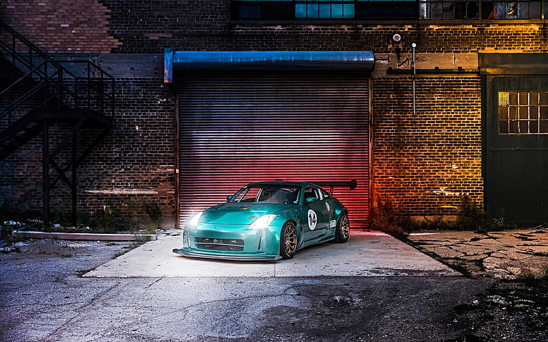 Nissan 350Z, evening, green sports coupe, tuning 350Z, Japanese sports cars, Nissan, HD wallpaper