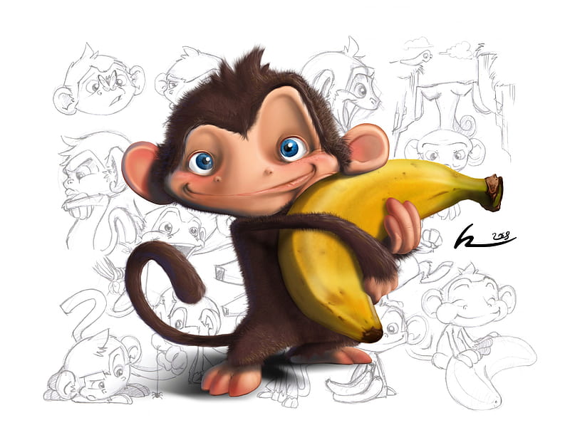 Wanna' banana, monkey, fun, cartoon, banana, HD wallpaper