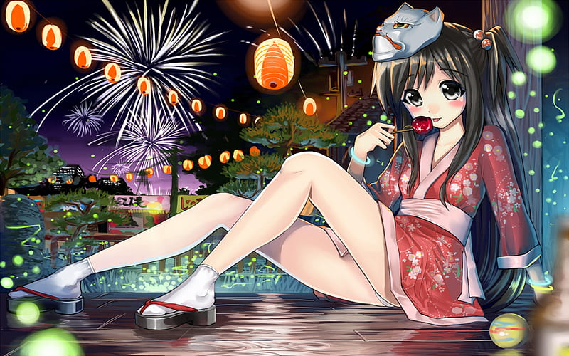 Japanese Girl, firework, female, original, leg, blush, candy apple, sexy, licking, sweet, cute, japan clothes, sitting, anime girl, mask, HD wallpaper