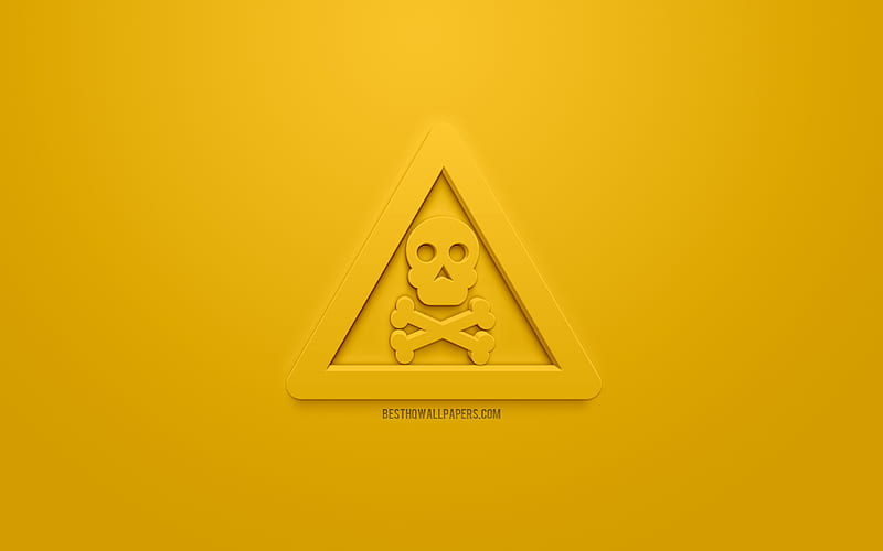 Toxic Warning 3d icon, yellow background, 3d symbols, Toxic Warning, creative 3d art, 3d icons, Toxic Warning sign, warning signs, HD wallpaper