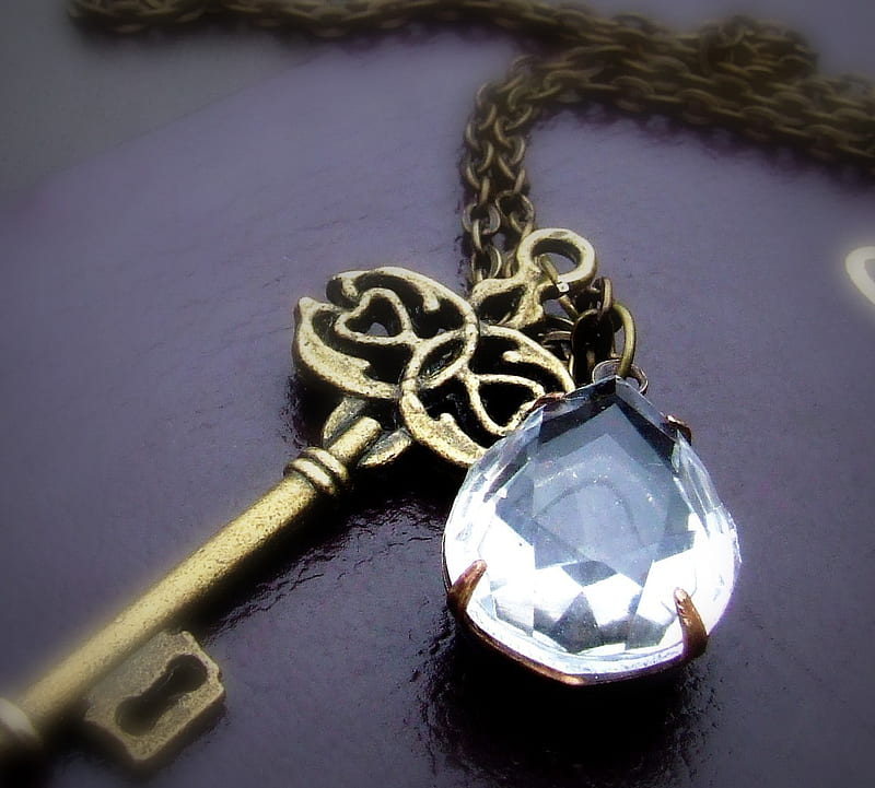 key, gold, necklace, diamond, HD wallpaper