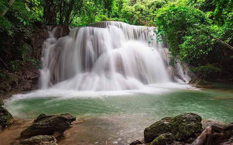 waterfall, evening, rainforest, Thailand, beautiful lake, forest, HD wallpaper