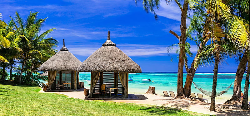 Exotic Mauritius, ocean, summer, palms, sea, rest, exotic, vacation, Mauritius, bungalow, sky, beach, paradise, HD wallpaper