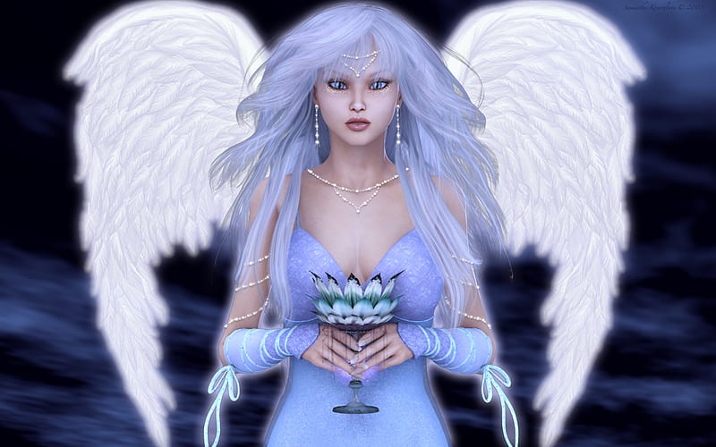 Angelike-Guardian Angel, glow, cg, woman, clouds, spiritual, light, blue, circlet, female, wings, angel, chalice, guardian, sky, 3d, girl, white, HD wallpaper