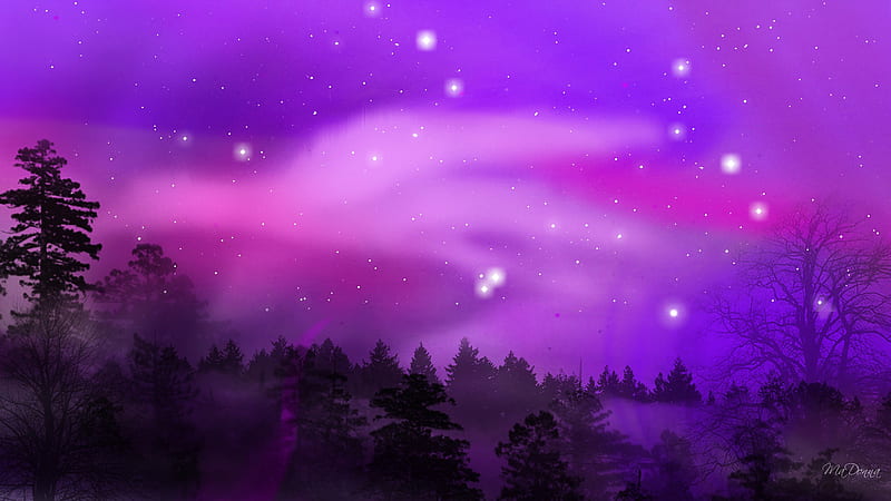 Purple Aurora, northern lights, firefox persona, trees, sky, purple, mountains, bright, aurora borealis, pink, HD wallpaper