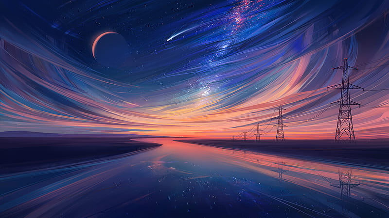 Artistic, Landscape, Sky , River , Power Line , Moon, HD wallpaper
